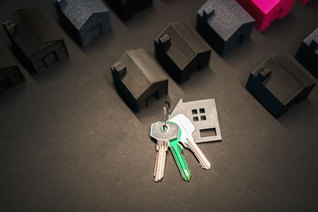 set of keys next to figures of house