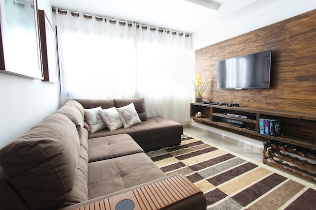 a living room with a couch tv and large area rug