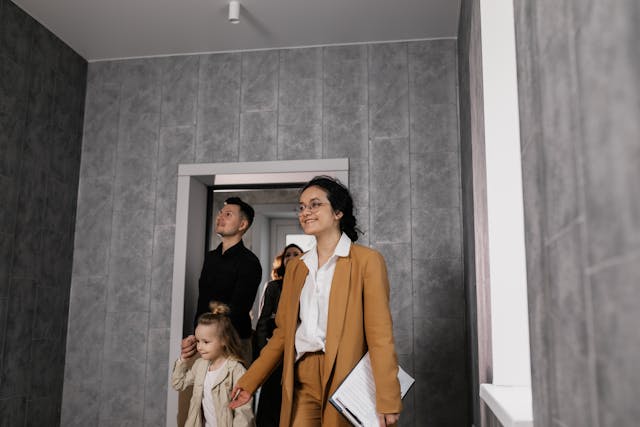 people walking into an empty room