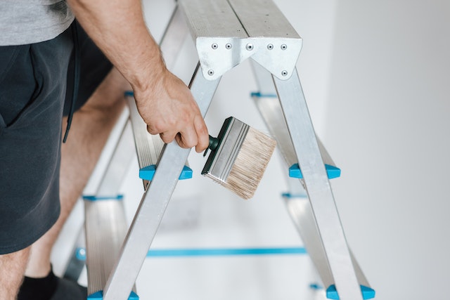 person on a ladder holding a paint brush