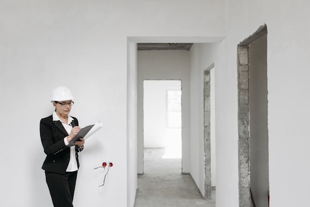 person with clipboard in white room