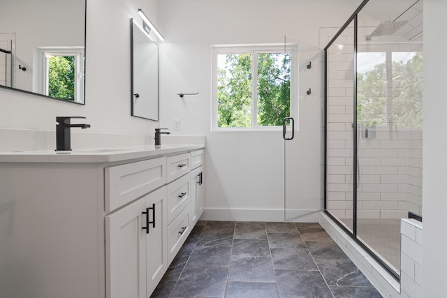 white bathroom with two sinks a large mirror and walk-in show